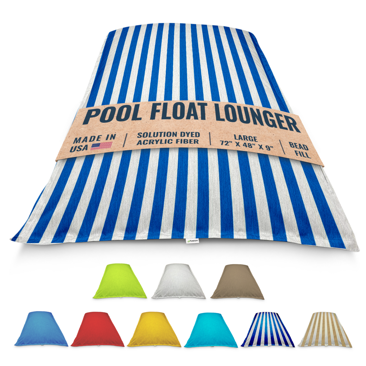 Royal blue stripe bean bag pool float lounger with label and color options below on a white background by Bean Products made in USA