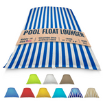 Royal blue stripe bean bag pool float lounger with label and color options below on a white background by Bean Products made in USA