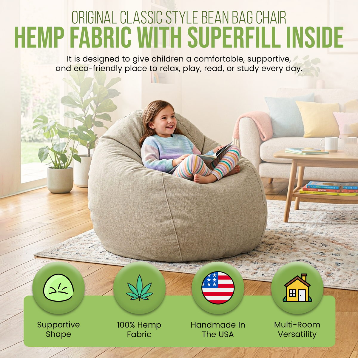 Kids hemp fabric bean bag chair in beige with soft superfill and cozy lounge design