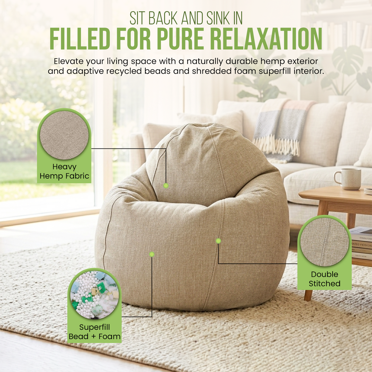 Beige kids bean bag chair filled for pure relaxation in a modern living room