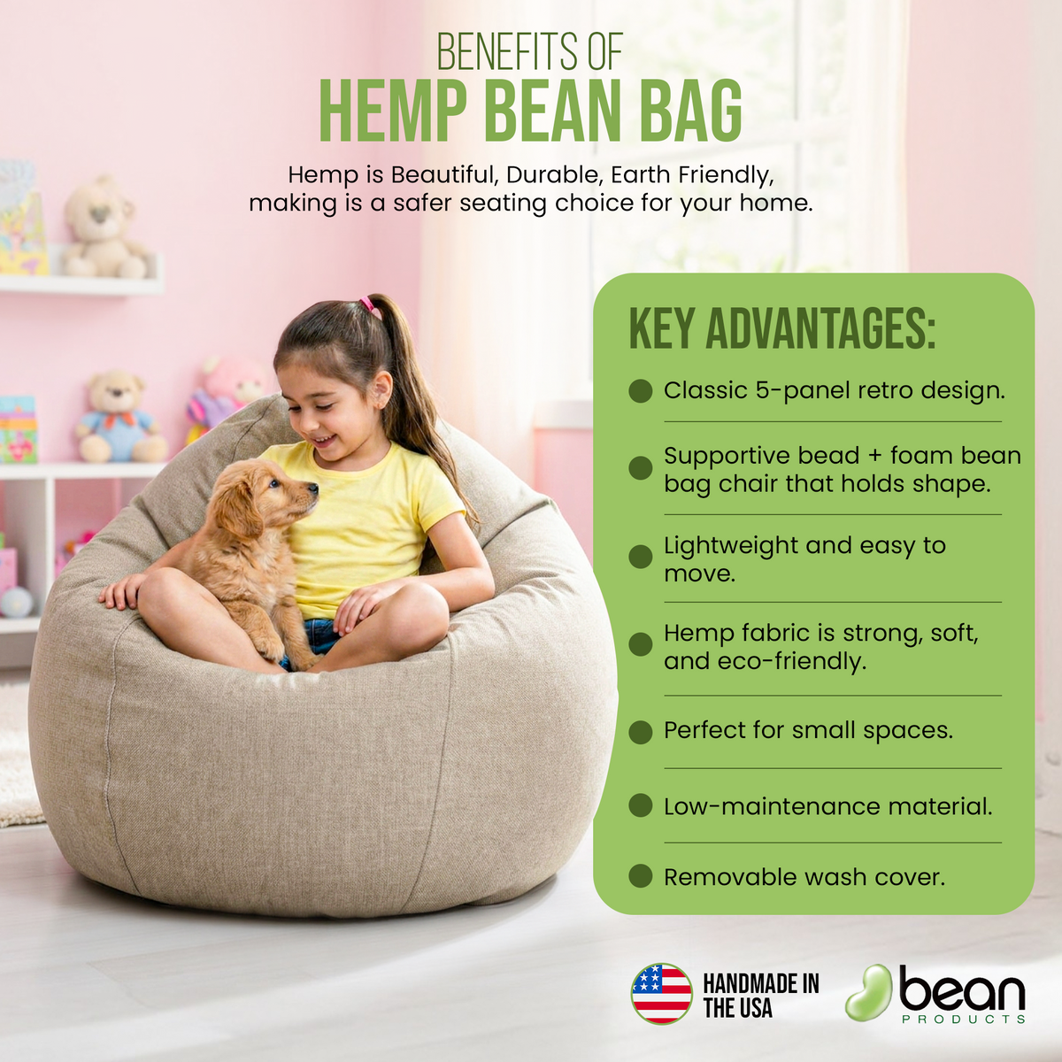 Child sitting on comfy hemp bean bag chair with supportive soft fill