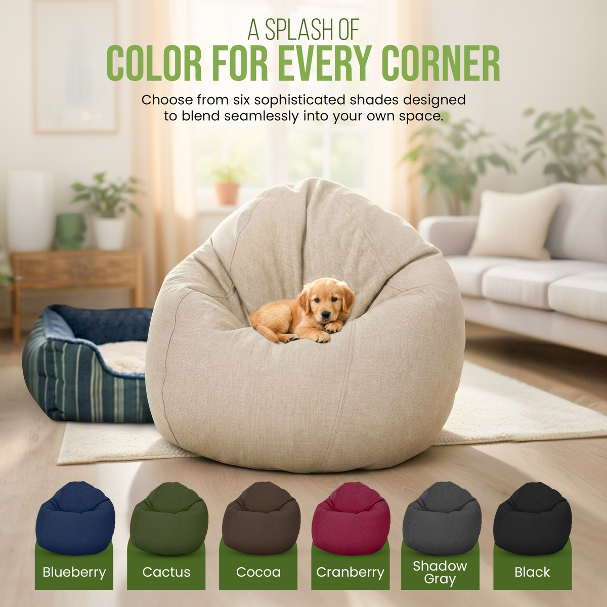 Hemp bean bag chair color options displayed in multiple shades for kids rooms