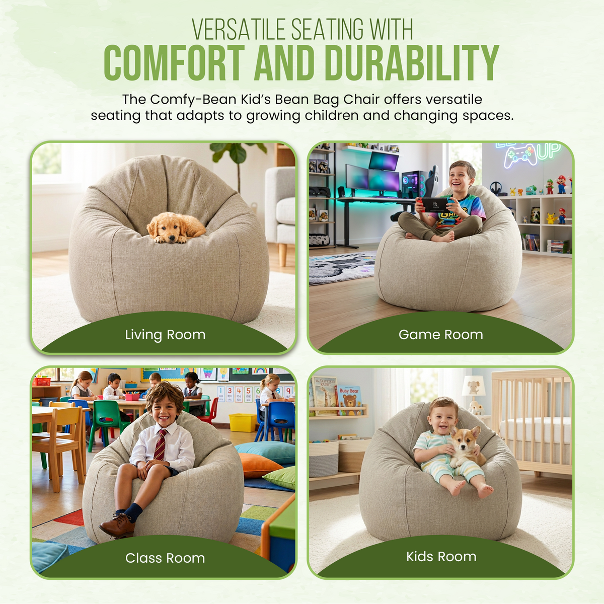 Kids hemp bean bag chair comfort and durability features illustrated