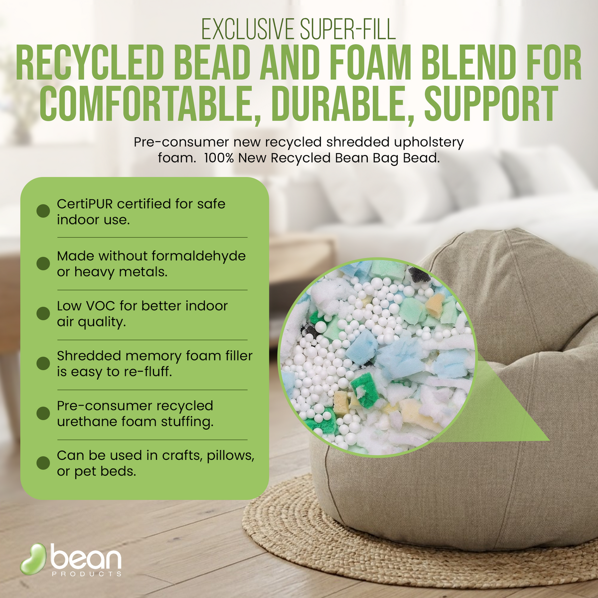 Eco-friendly hemp bean bag with recycled foam filling for support and comfort