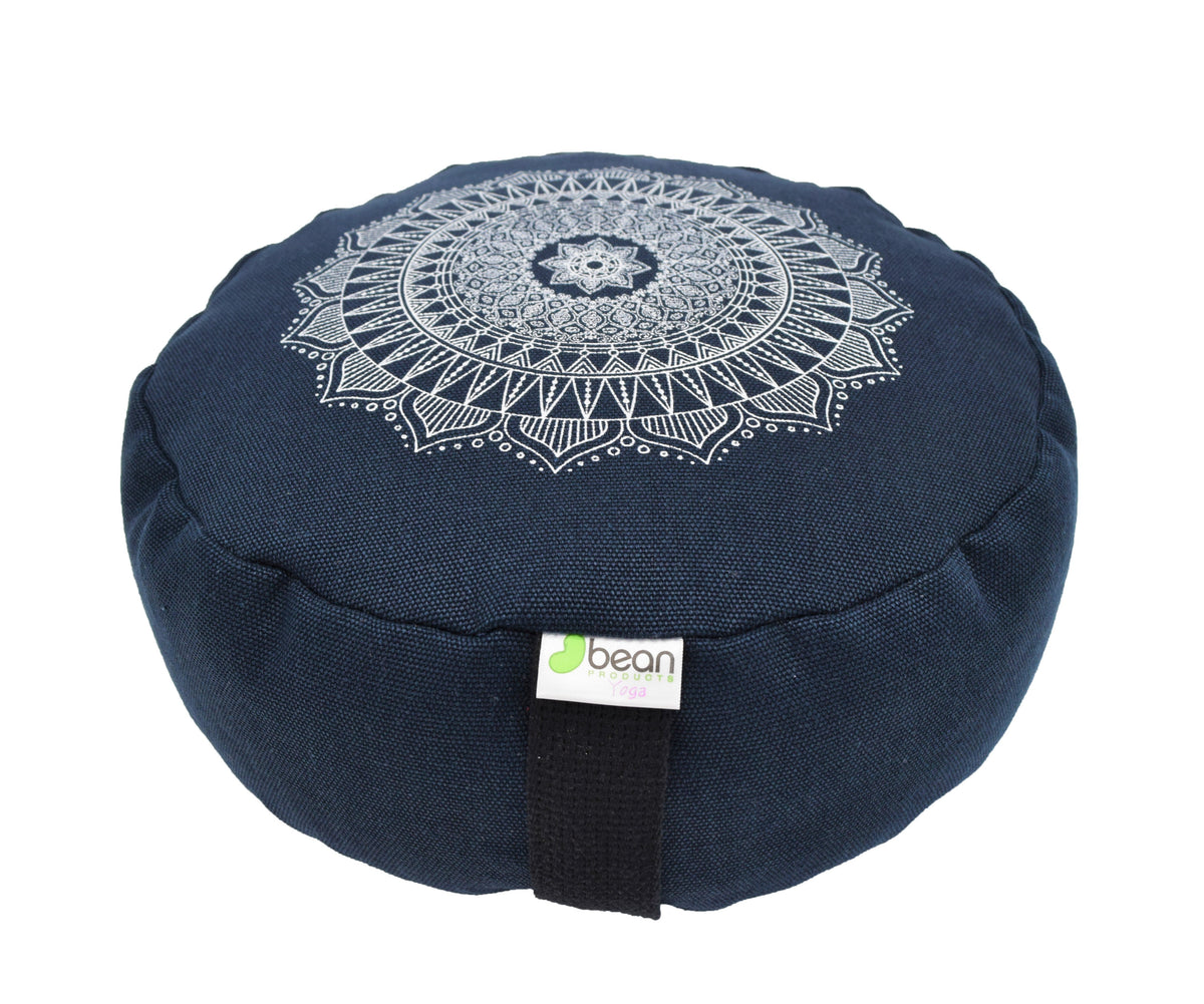 Deep blue round floor cushion with intricate mandala cotton design