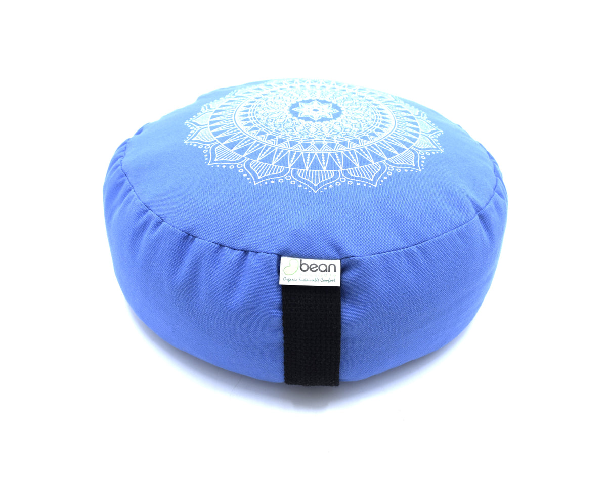 Light sky blue round meditation cushion with mandala print cotton fabric