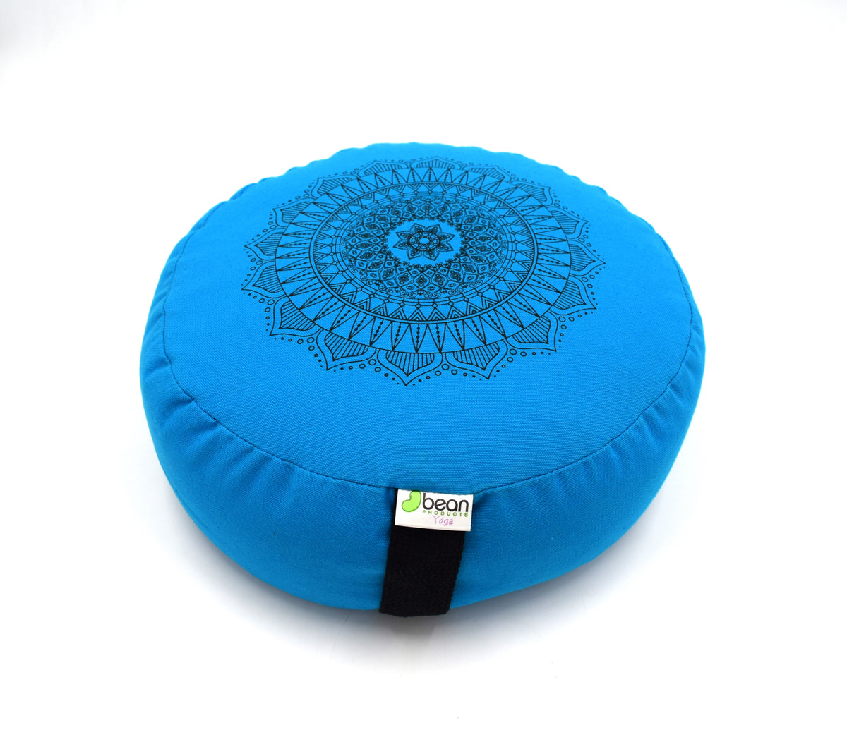 Bright turquoise blue round meditation cushion with mandala pattern