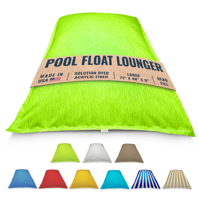 Bright Lime green bean bag pool float lounger with label and color options below on a white background by Bean Products made in USA