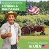 Man in a plaid shirt and straw hat standing next to a red tractor with an American flag, with text encouraging support for local farmers and businesses.