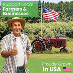 Man in a plaid shirt and straw hat standing next to a red tractor with an American flag, with text encouraging support for local farmers and businesses.