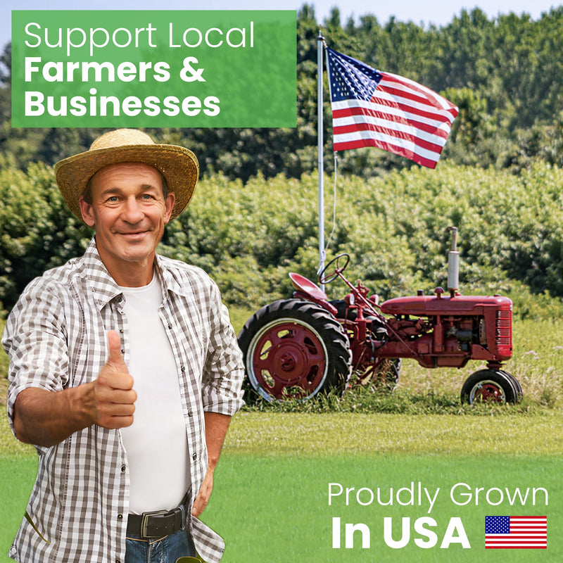 Man in a plaid shirt and straw hat standing next to a red tractor with an American flag, with text encouraging support for local farmers and businesses.