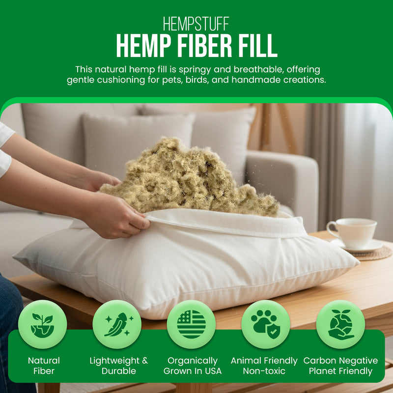 Hemp fiber fill being placed into a pillow showing soft natural stuffing material for bedding and crafts