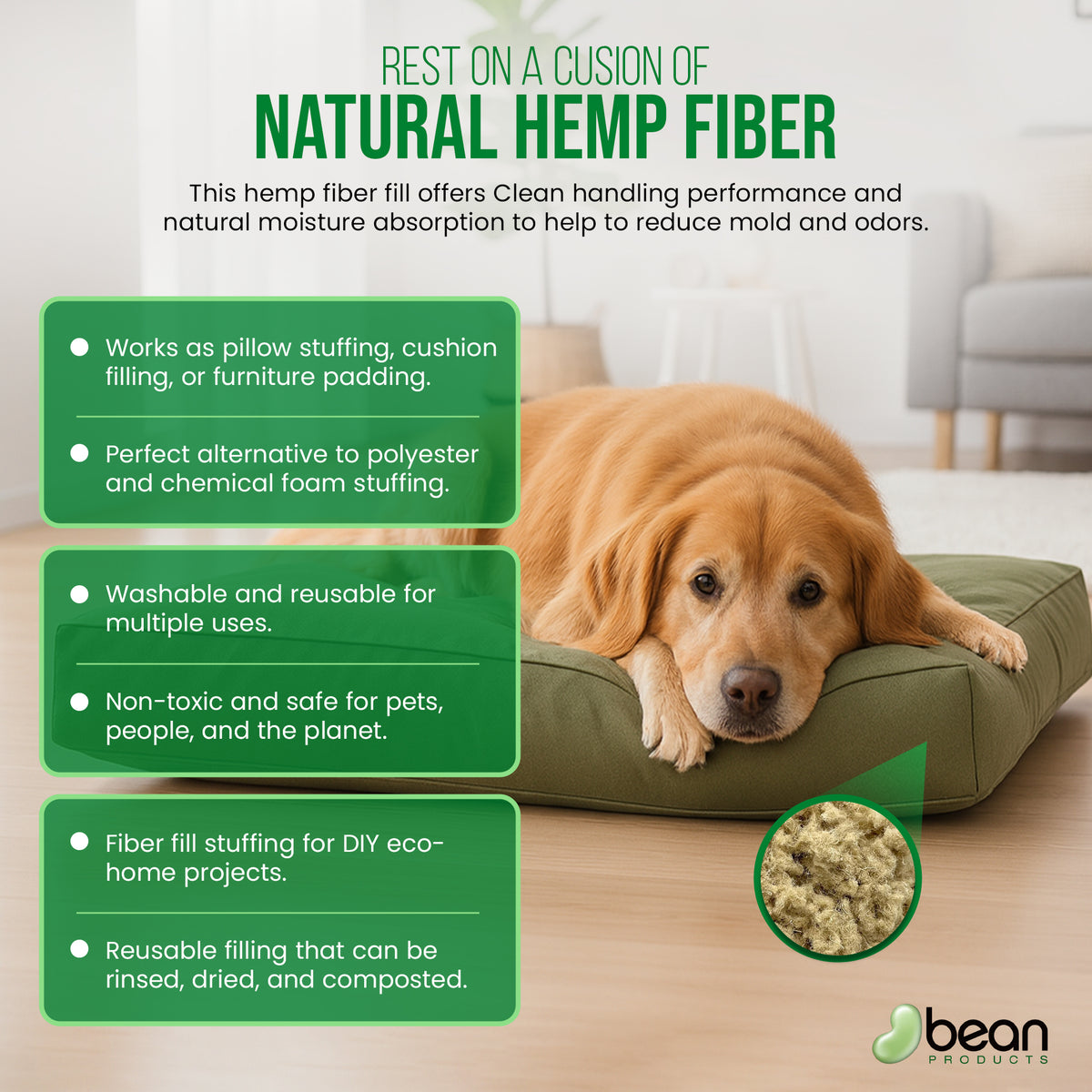 Natural hemp fiber fill benefits infographic highlighting eco-friendly, breathable, and hypoallergenic properties