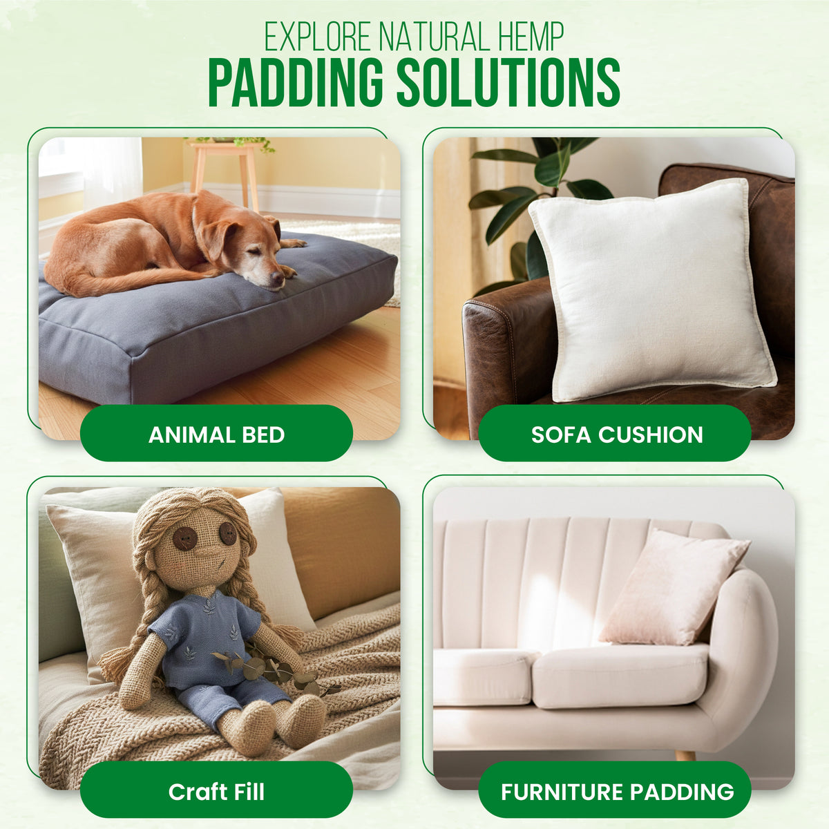 Pet bedding made with hemp fiber fill showing comfortable natural stuffing for dogs
