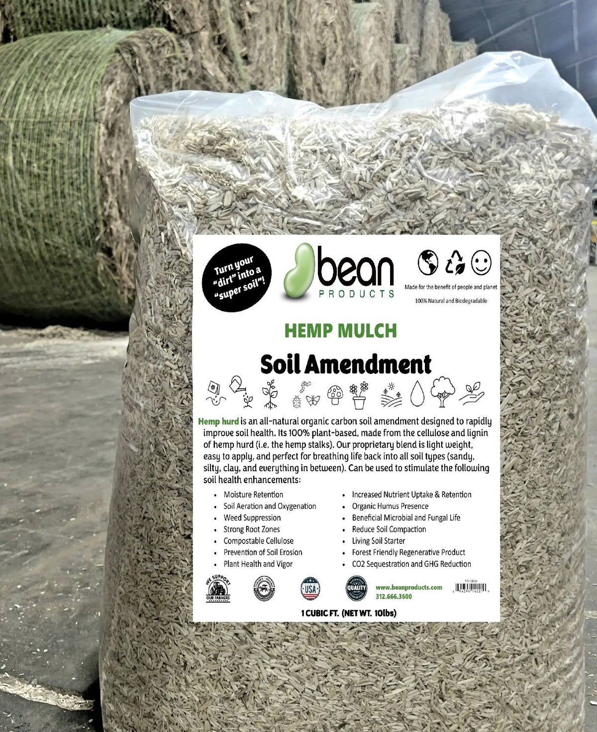 Hemp Mulch Hurd bag close-up showing label and mulch contents