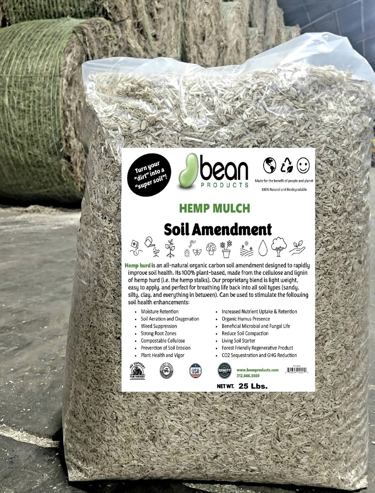 Hemp Mulch Hurd 25 lb package with eco-friendly mulch for gardening use