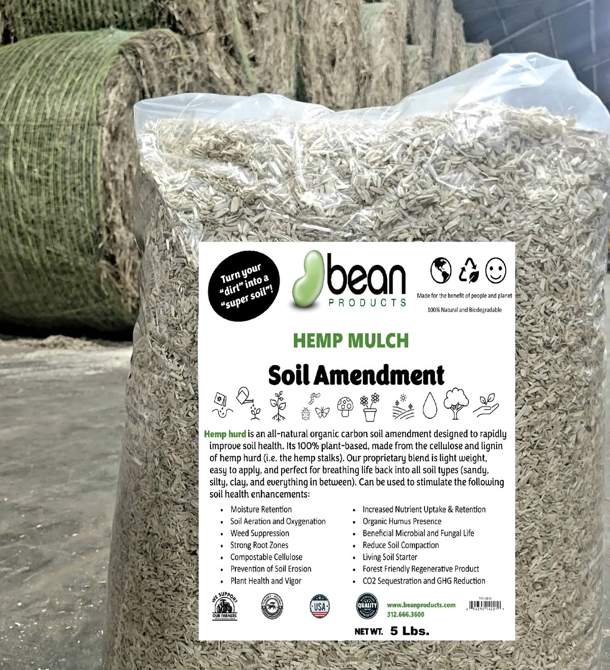 Hemp Mulch Hurd 5 lbs bag standing outdoors with product label visible