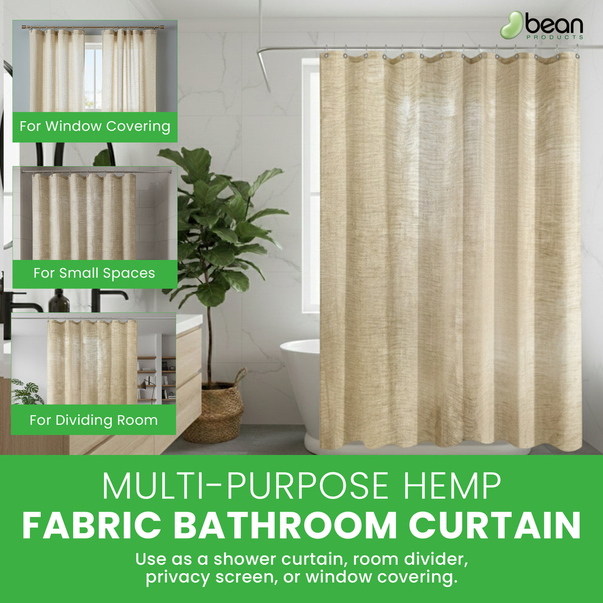 Multi-purpose hemp bathroom shower curtain in neutral beige