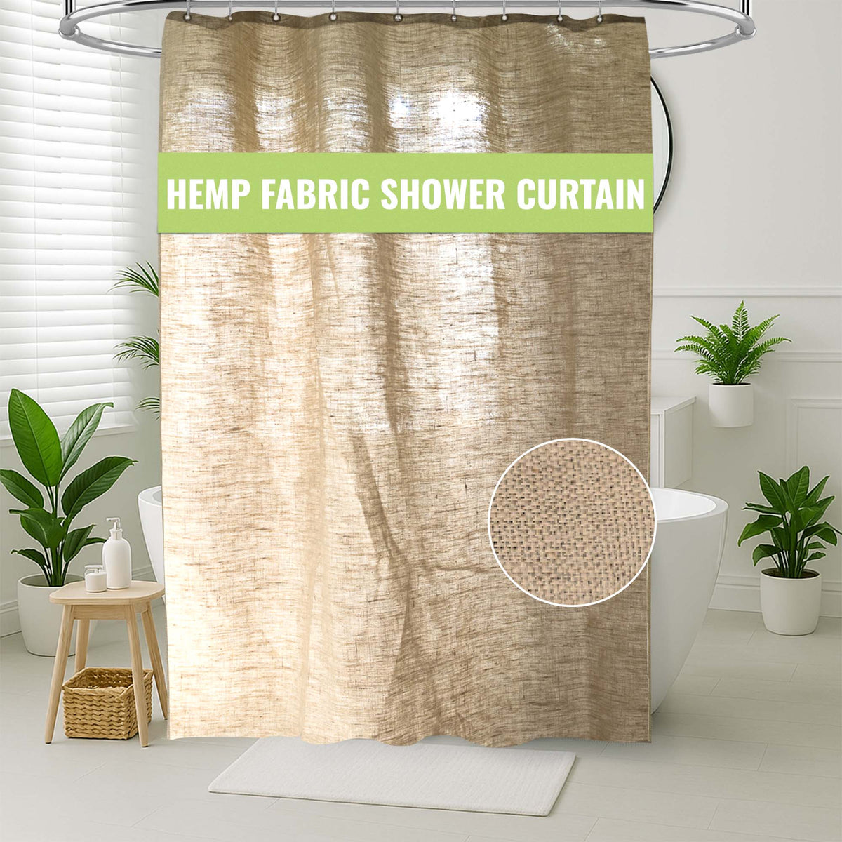 Eco-friendly hemp shower curtain product packaging with fabric sample