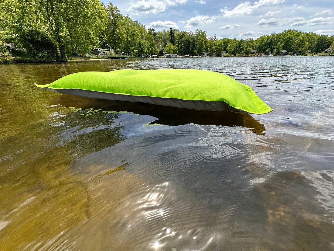 Side view bright green outdoor bean bag water pool lake float extra large made in USA by Bean Products