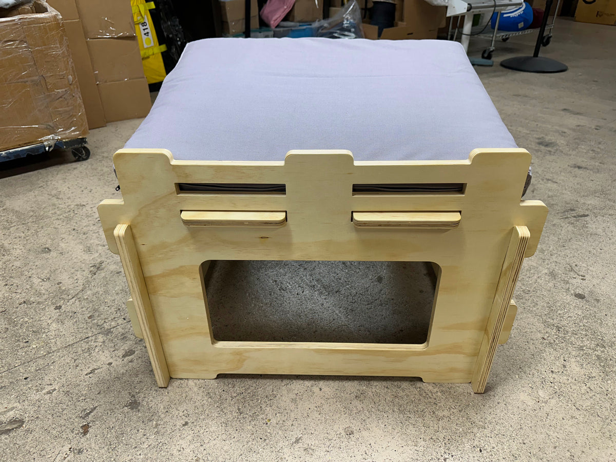 Front view of adjustable active sitting chair with wooden platform base