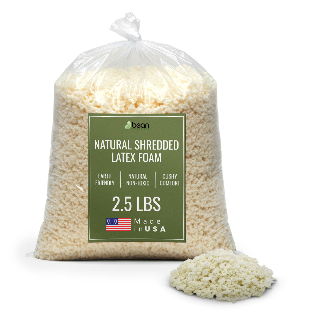 2.5 lbs organic latex foam fill bag with shredded latex pieces displayed