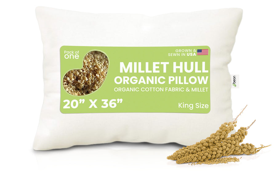 Millet Hull Pillow – Organic Natural WheatDreamz King Size 20x36 Sleeping Bed Pillow with millet hull filling displayed