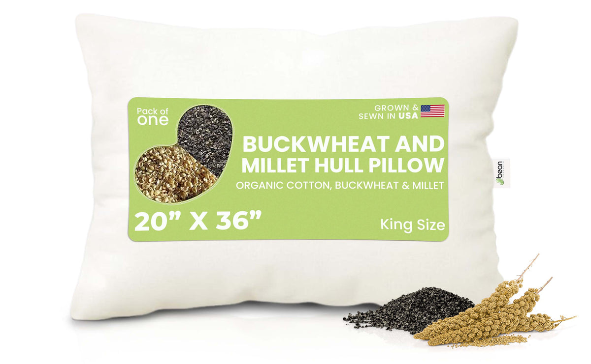 Packaged organic multi-grain sleep pillow highlighting natural fill and therapeutic support features
