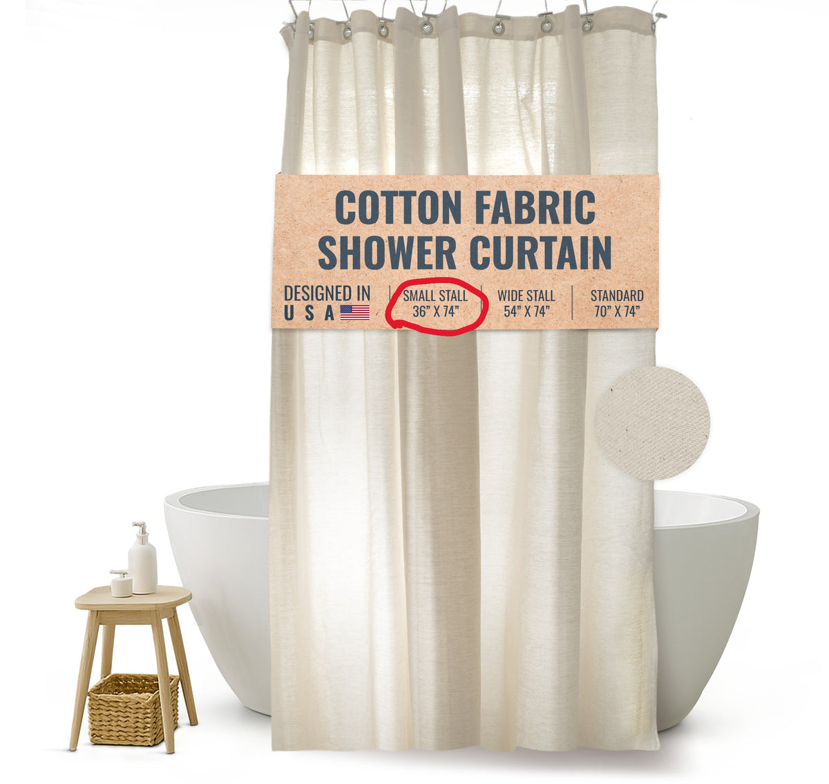 White cotton shower curtain packaging image – Cotton Fabric Shower Curtain