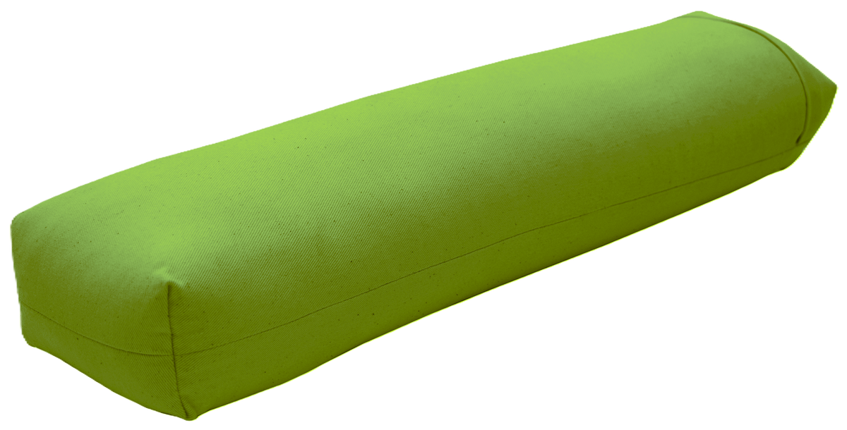 Lime green pranayama round yoga bolster made from organic cotton, compact cylindrical cushion for breathing and posture support