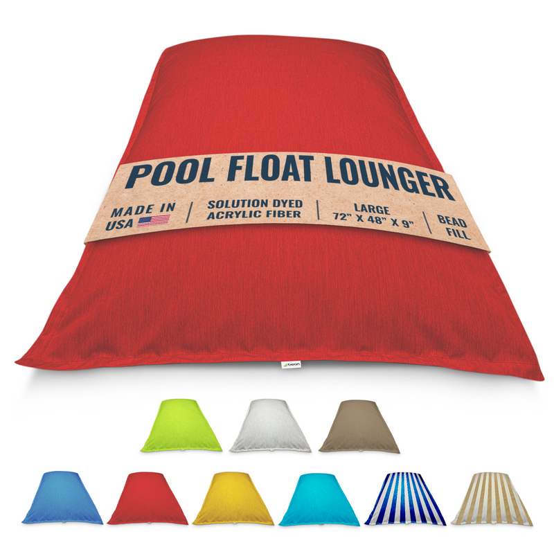 Red bean bag pool float lounger with label and color options below on a white background by Bean Products made in usa
