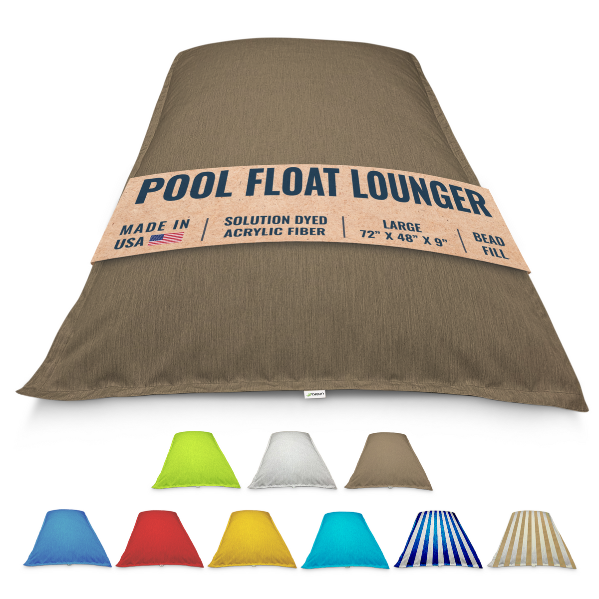 Taupe tan  light brown bean bag pool float lounger with label and color options below on a white background by Bean Products made in USA
