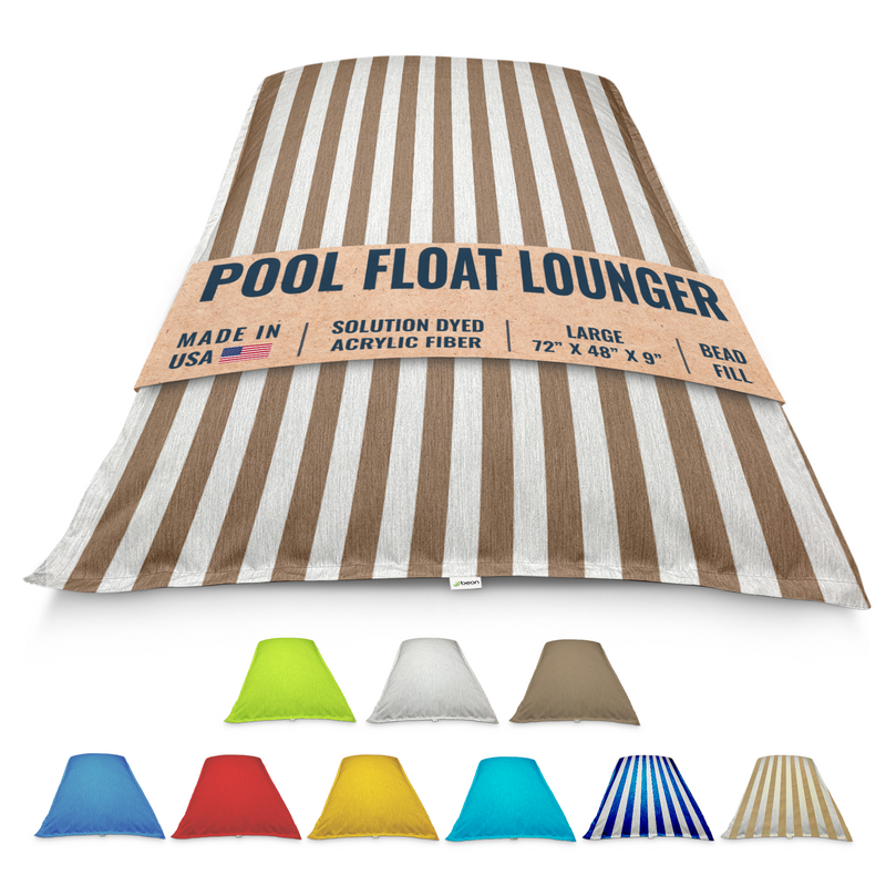 Taupe tan stripe bean bag pool float lounger with label and color options below on a white background by Bean Products made in USA