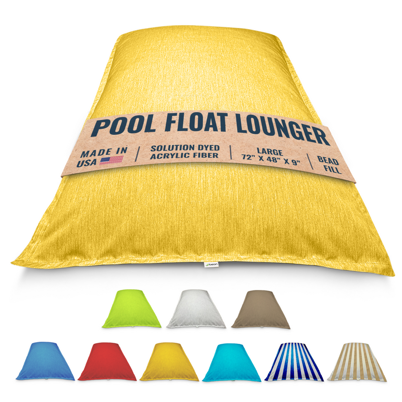 Yellow bean bag pool float lounger with label and color options below on a white background by Bean Products made in USA