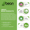 Bean Products promotional graphic with certification logos and product information.