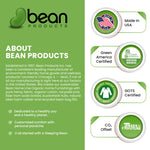 Bean Products promotional graphic with certification logos and product information.