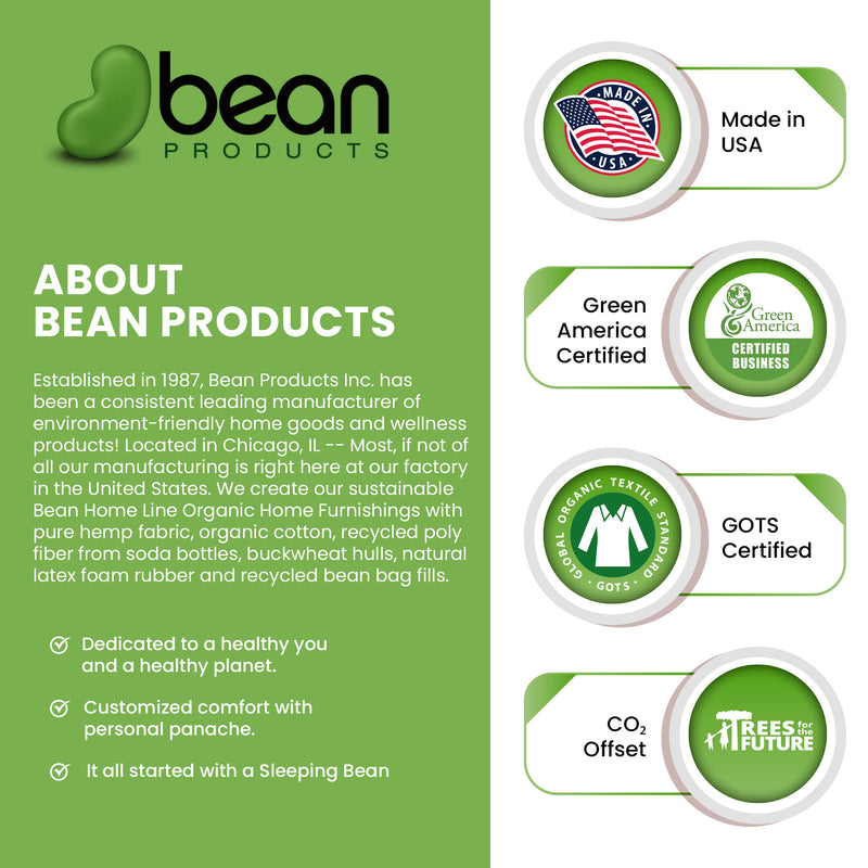 Bean Products promotional graphic with certification logos and product information.