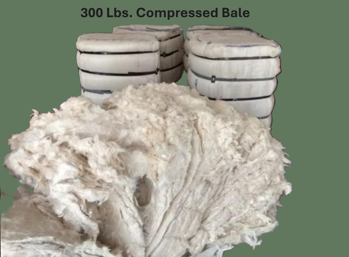 Compressed bale of organic kapok fiber with text indicating weight on a green background