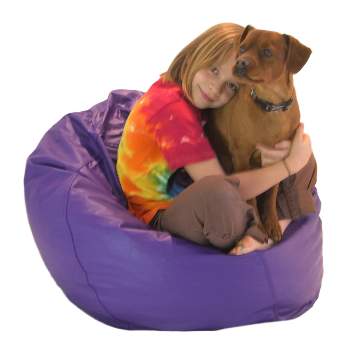Dog sitting on purple outdoor bean bag chair with child durable marine vinyl kids furniture