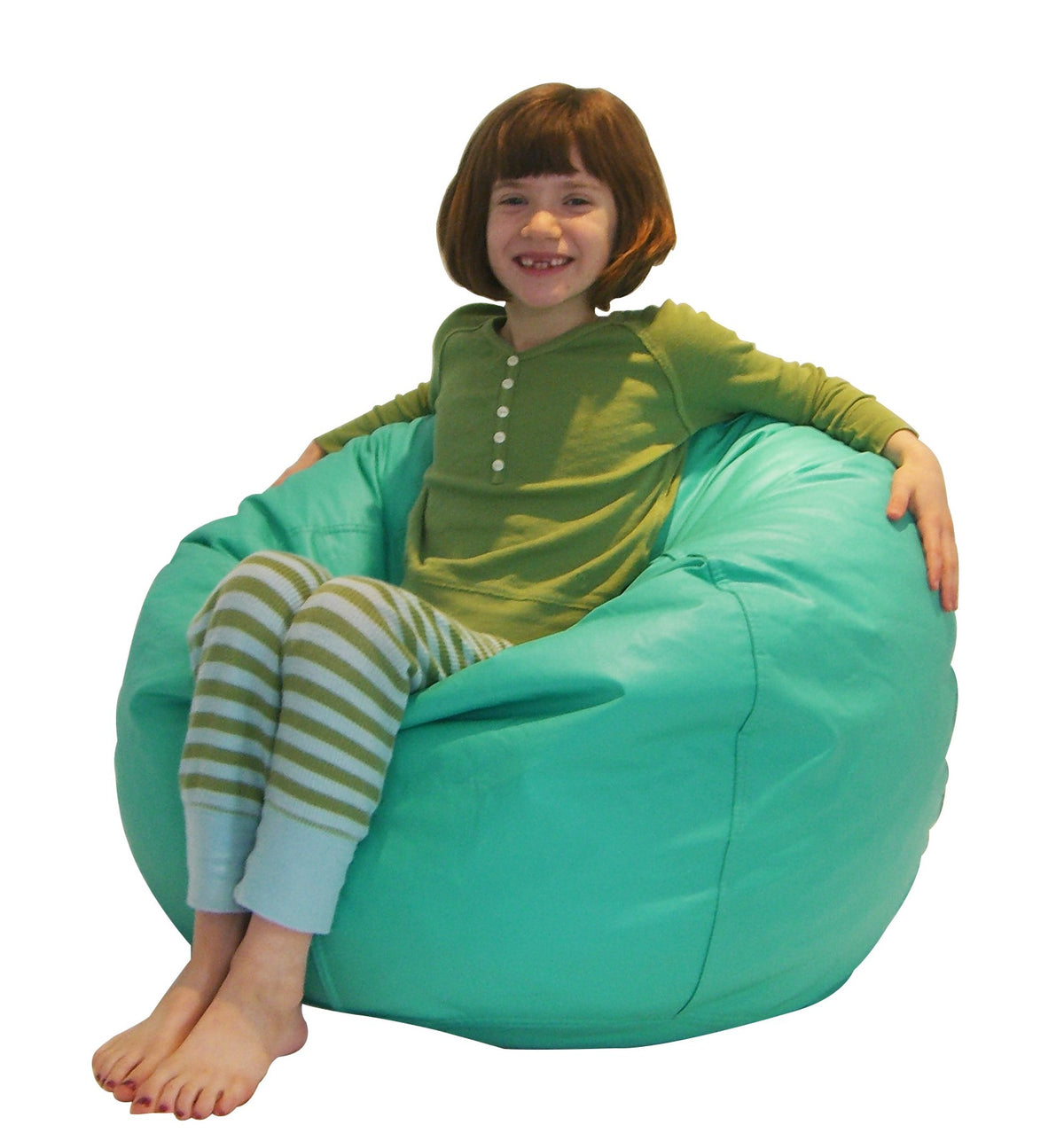 Child relaxing on aqua bean bag chair lightweight weather resistant outdoor kids furniture