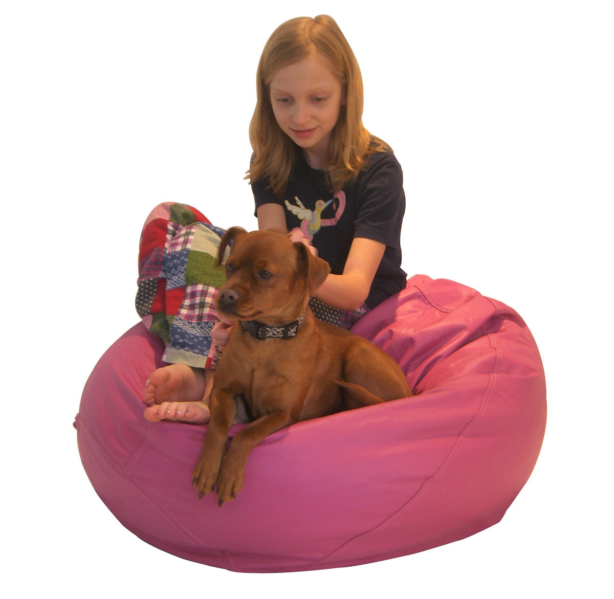 Child sitting on pink bean bag chair with dog comfy outdoor seating for kids