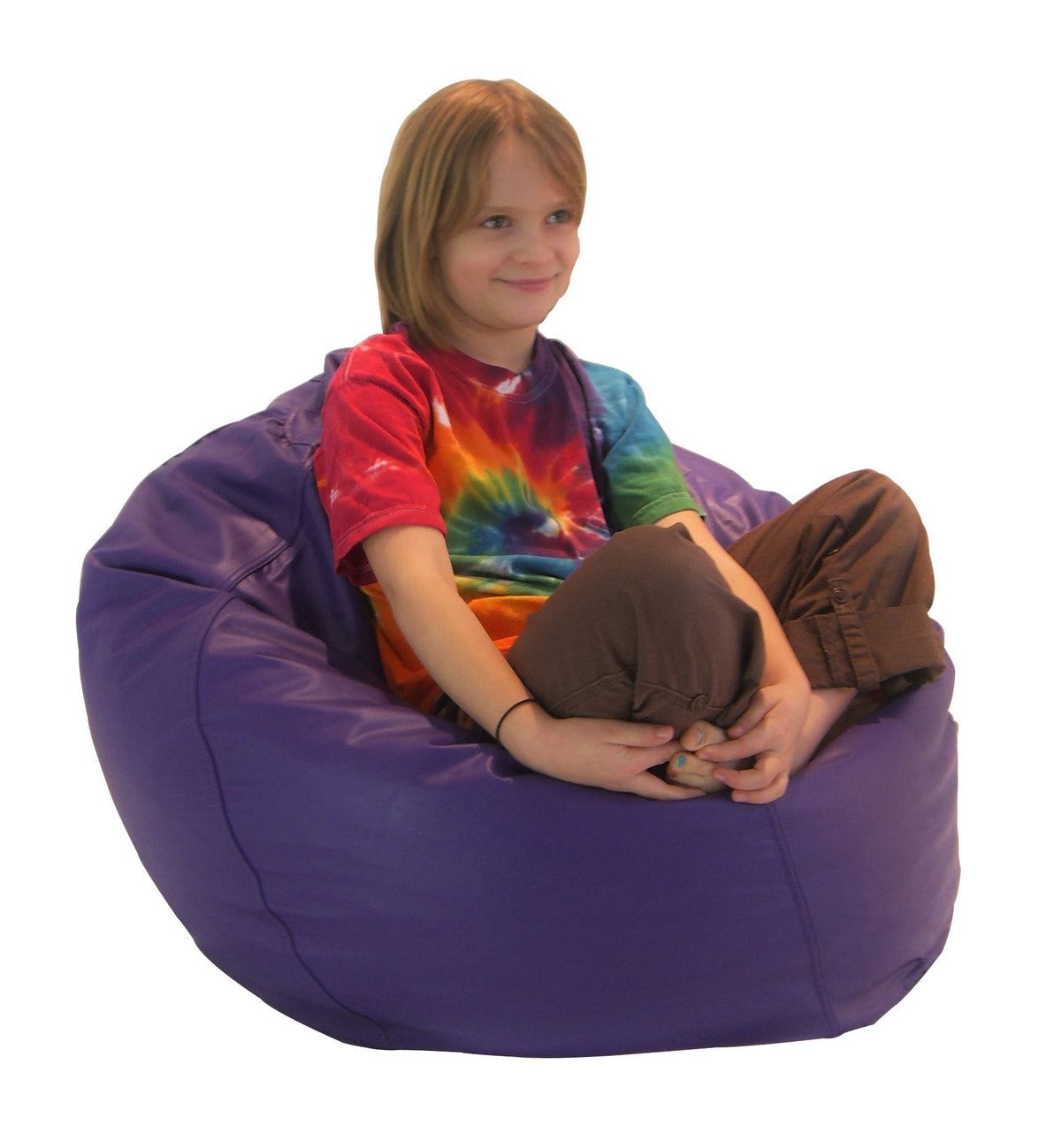 Child sitting on purple bean bag chair holding dog, comfortable outdoor seating