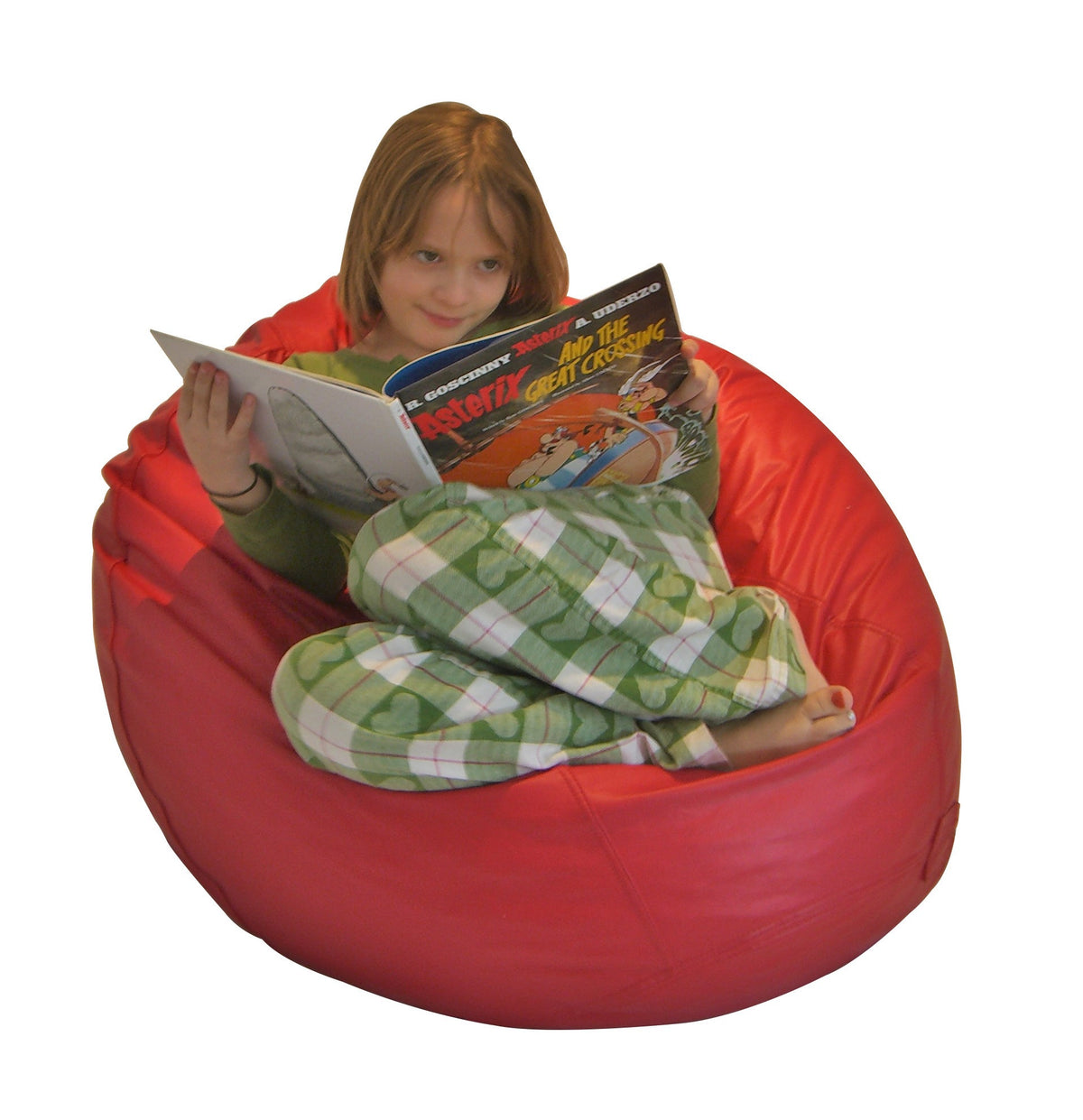 Child reading on red bean bag chair outdoors comfortable waterproof kids seating”