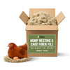 Box of hemp stuff nesting and cage  and pillow cushion fiber fill with a chicken and egg on a white background 10 pounds