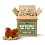 Box of hemp stuff nesting and cage  and pillow cushion fiber fill with a chicken and egg on a white background 10 pounds