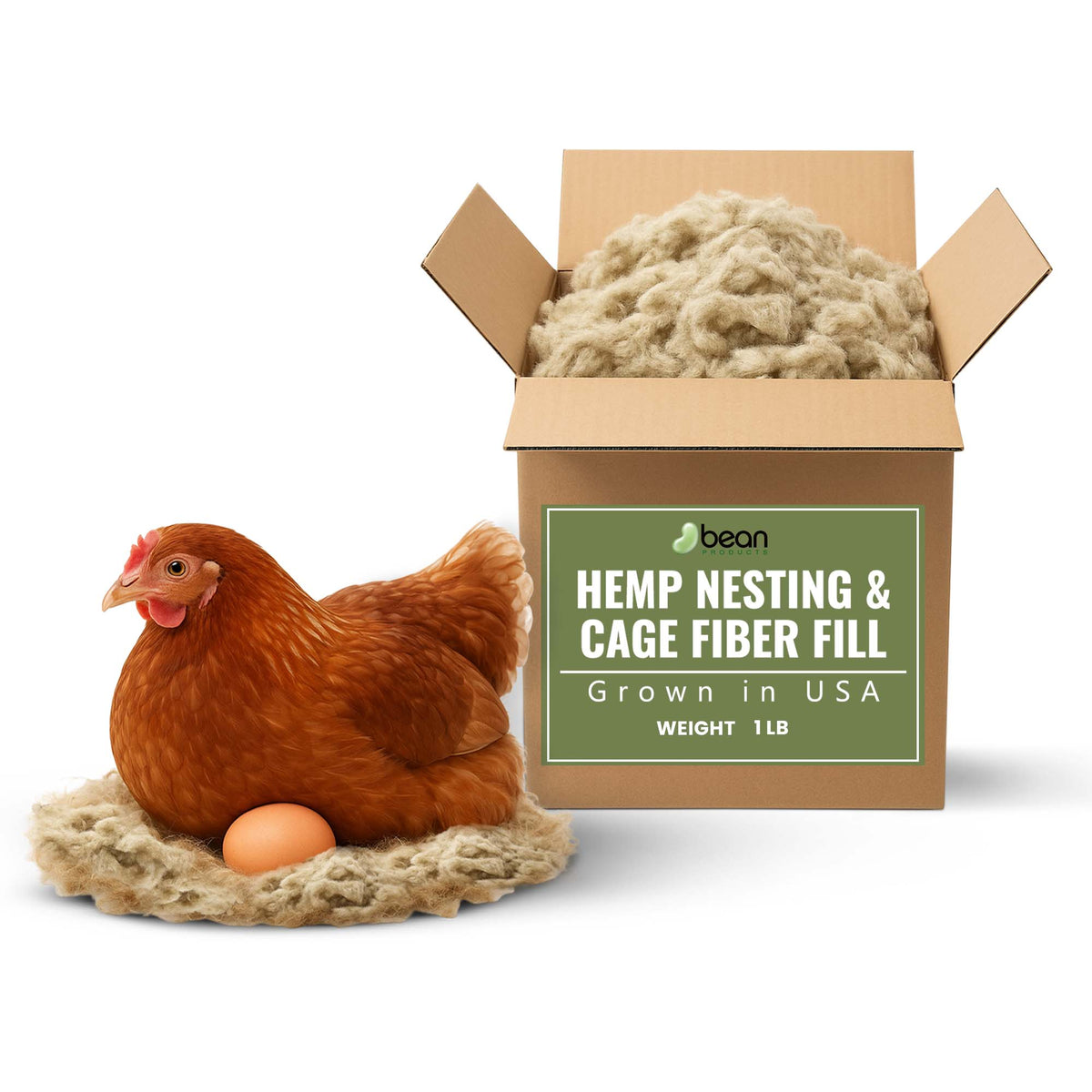 Box of hemp stuff nesting and cage  and pillow cushion fiber fill with a chicken and egg on a white background 1 pound