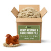 Box of hemp stuff nesting and cage  and pillow cushion fiber fill with a chicken and egg on a white background 25 pounds