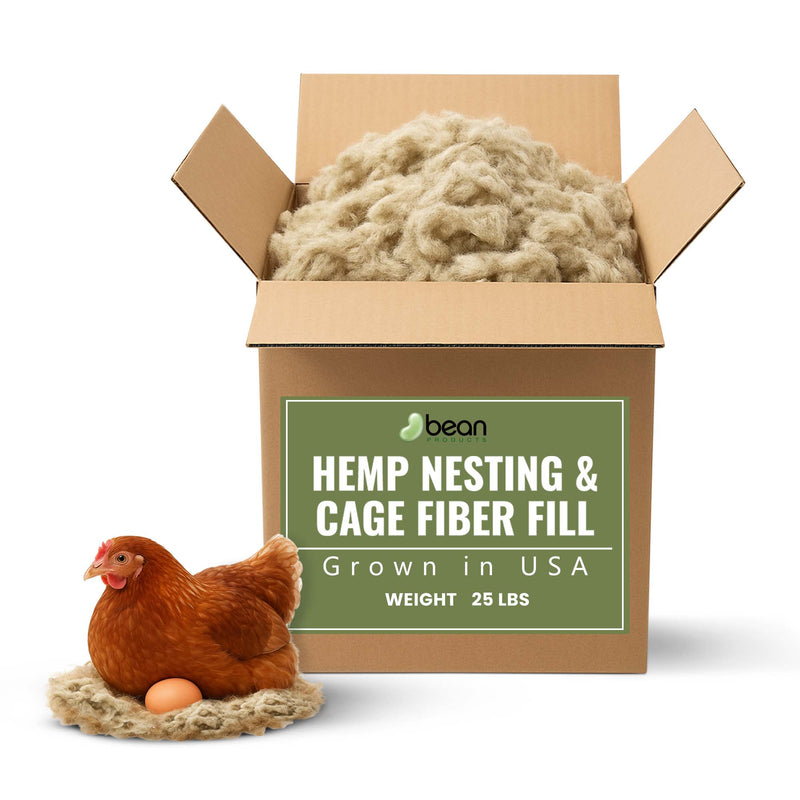Box of hemp stuff nesting and cage  and pillow cushion fiber fill with a chicken and egg on a white background 25 pounds