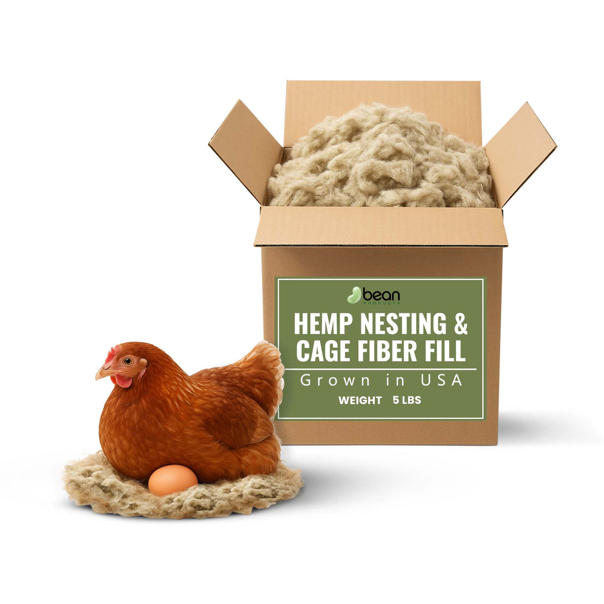 Box of hemp stuff nesting and cage  and pillow cushion fiber fill with a chicken and egg on a white background 5 pounds