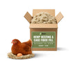 Box of hemp stuff nesting and cage  and pillow cushion fiber fill with a chicken and egg on a white background 5 pounds